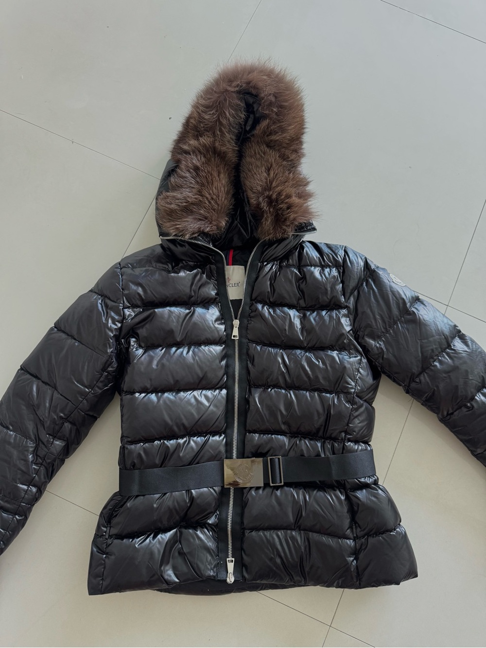 Moncler Black Quilted Belted Puffer Jacket with Brown Fur Hood